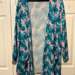 LuLaRoe Tropical Leaf Cardigan - Teal and Pink